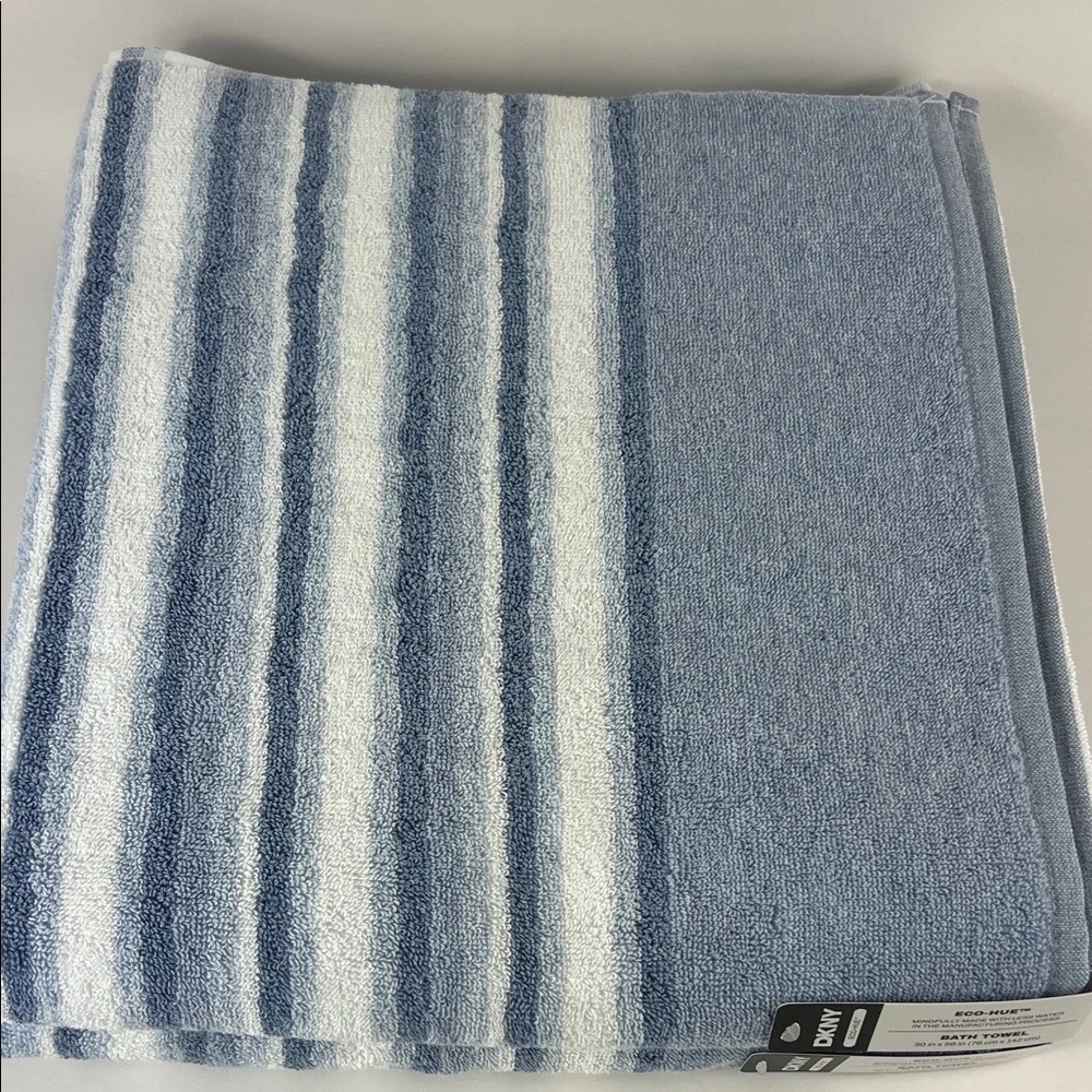 DKNY Bath Towels Eco Hue Blue and White Striped Plush Cotton Set of 2 NEW